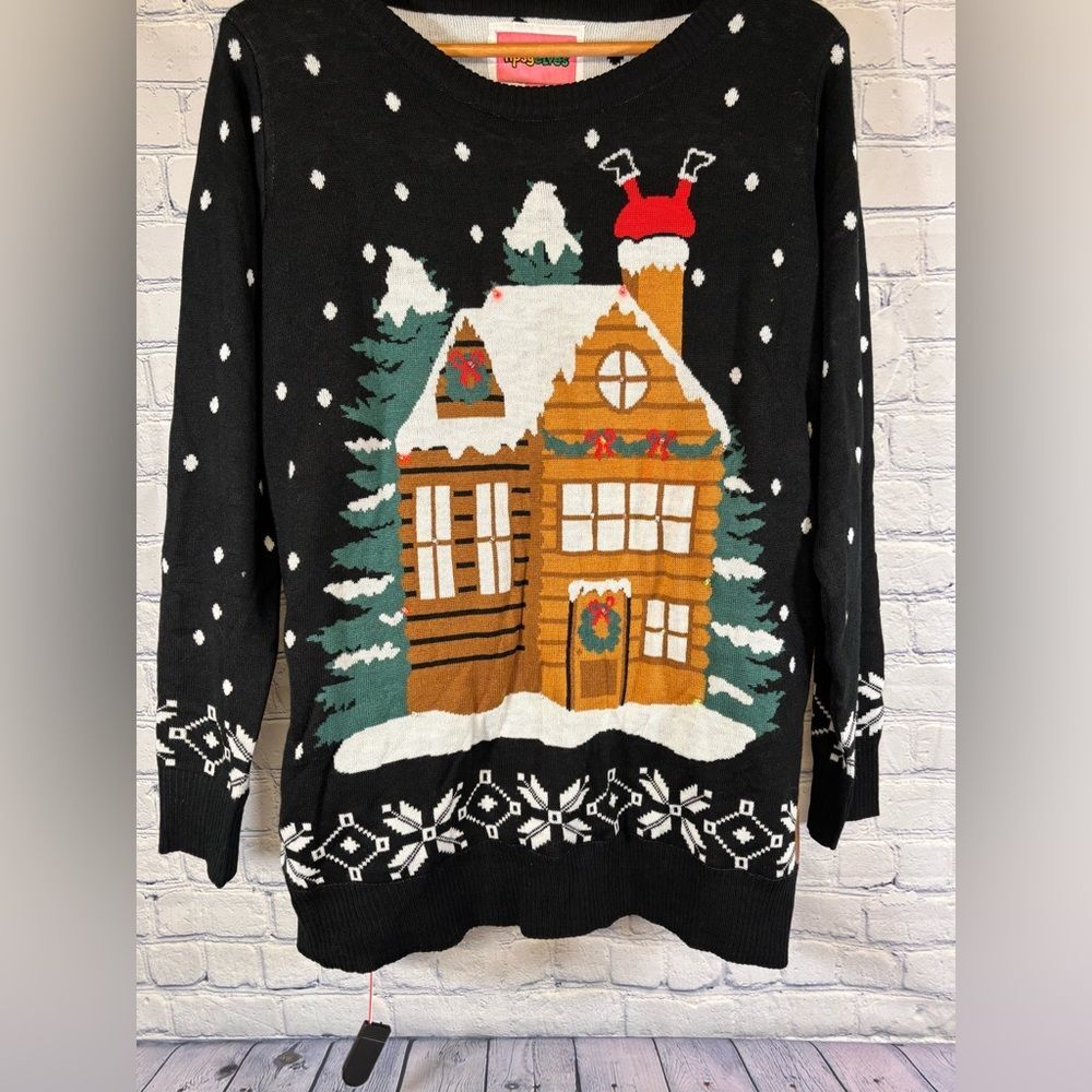 Tipsy Elves Light Show Gingerbread House Fun Classic Cabincore Holiday Sweater L - Picture 13 of 13